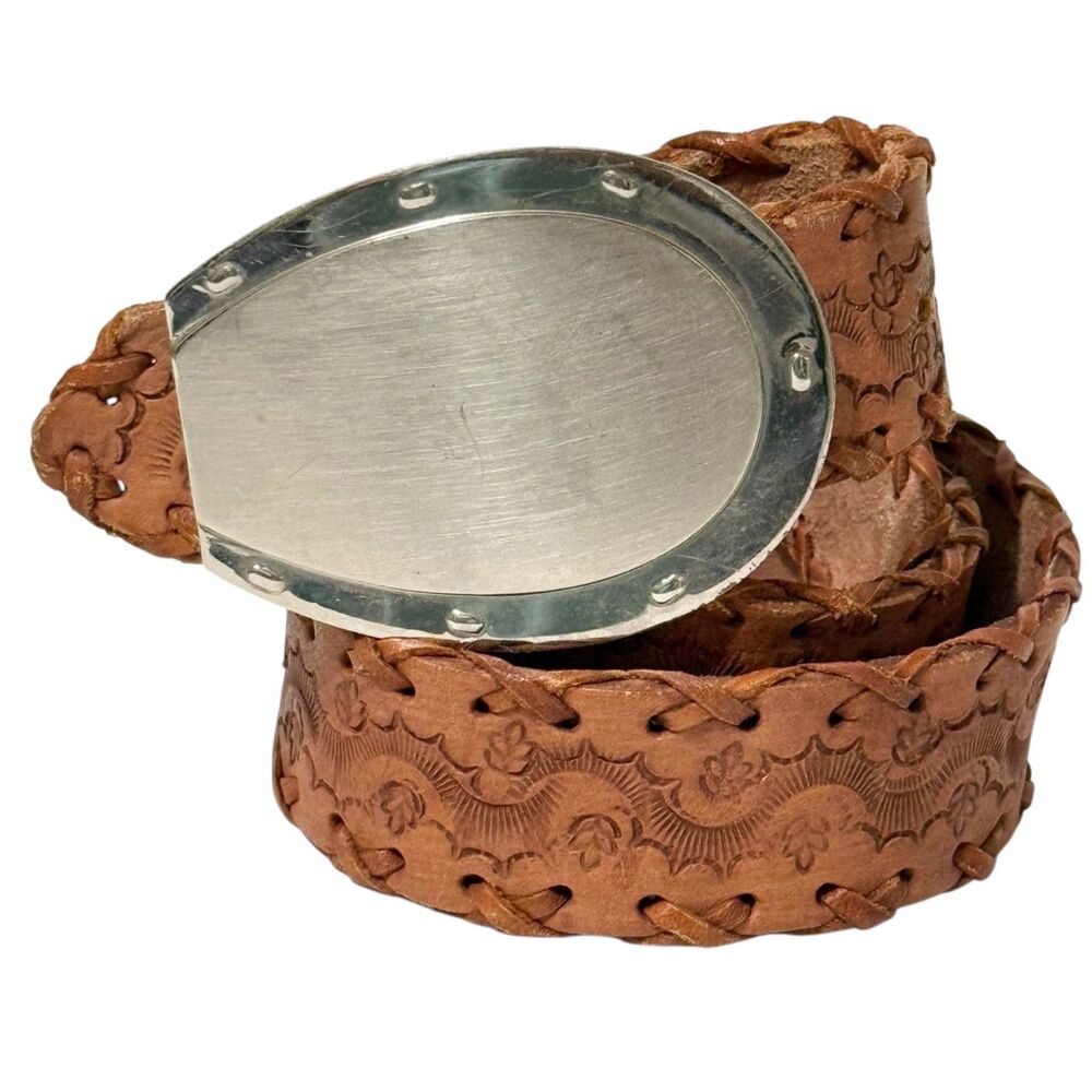 LEEGIN Vtg Tooled Leather Western Belt Horseshoe Shaped Buckle "X" Stitch Sz 36